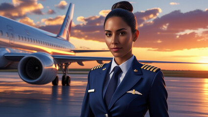  A confident women pilot in uniform standing near an airplane