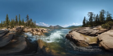 Obraz premium Panoramic 360 degrees view of serene river landscape in nature hdr hdri environment