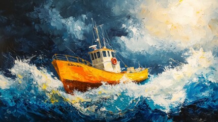 Orange fishing boat navigating stormy sea, dramatic ocean waves, sunlight breaking through dark clouds, impasto painting style.