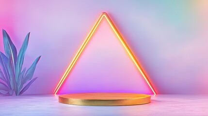 Blank industrial gold metallic podium, front view focus, with futuristic neon glow background, ideal for tech gadgets product displays,