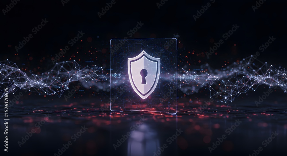 Poster abstract digital graphic of a shield with a keyhole, representing security and protection.
