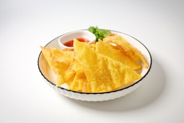 Deep Fried Wontons in white plate on white background	