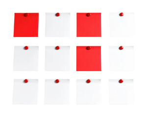 Twelve pinned square notes, alternating red and white colors, arranged in a 4x3 grid pattern.