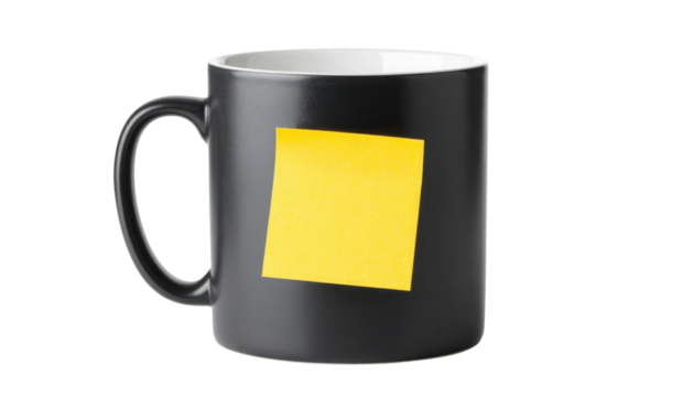 A black ceramic coffee mug featuring a yellow sticky note attached to its side.