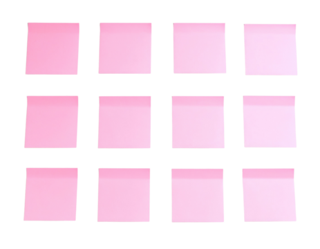 Twelve pink sticky notes arranged in a grid, each with a slight curl on the lower right corner.