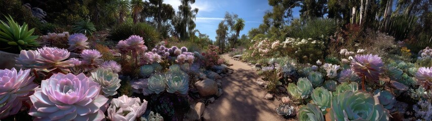 Panoramic 360 degrees hdr landscape of succulent garden pathway in nature environment