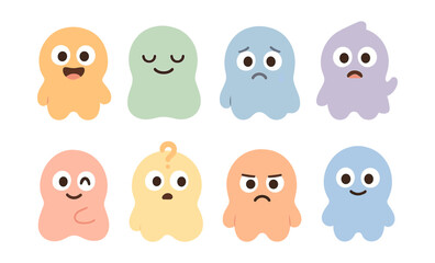 Fototapeta premium Colorful ghost characters expressing various emotions in cute minimalist style