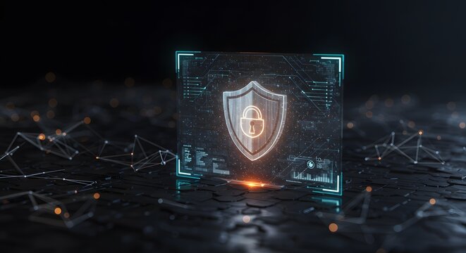 Cybersecurity shield emblem digitally rendered, glowing on dark textured surface.