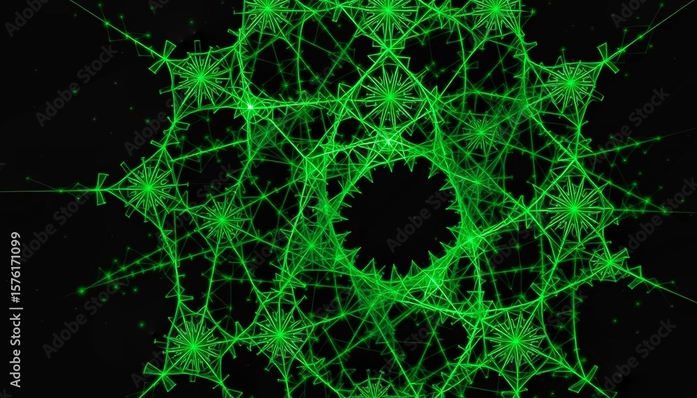 Poster fractal network of topological quantum gates, emerald green pathways on void black, 8k mathematical 