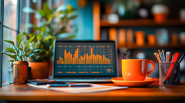 Laptop showing financial data with coffee cup on desk in home office