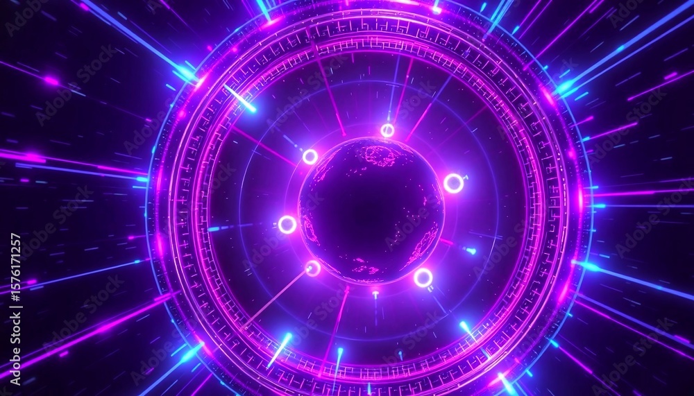 Poster glowing plasma qubits in toroidal magnetic containment, violet (#8a2be2) ionization trails with 2px 