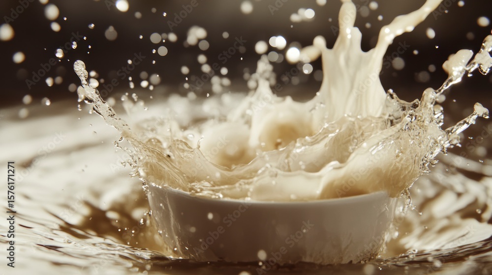 Poster creamy liquid splashing into a bowl, creating dynamic waves and droplets.