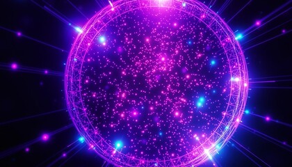 Fototapeta premium Glowing plasma qubits in toroidal containment, violet and cyan ionization trails, 8K scientific visualization with particle systems