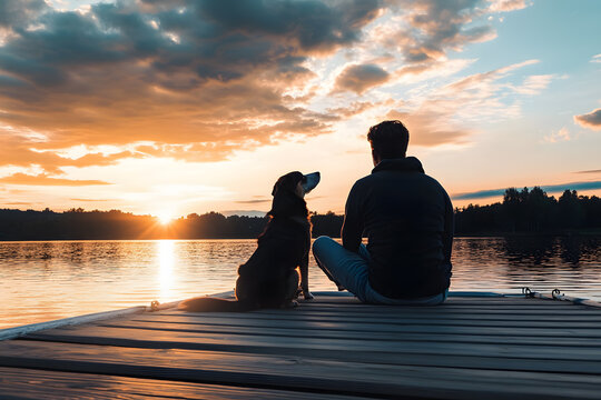 a man and his dog sitting on a dock at sunset
