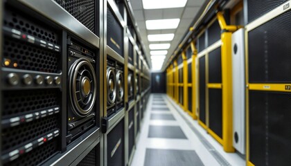 Server rack with exposed quantum cores, anodized titanium and hazard yellow, 8K data center POV shot