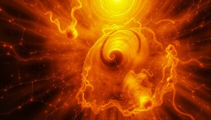 Temporal distortion field containing quantum vortices, amber (#FFBF00) energy strands with 30% opacity, cosmic microwave background haze, 8K fluid dynamics simulation