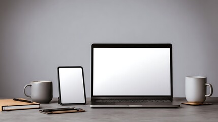 Modern Home Office Setup With Laptop Tablet and Coffee Mugs