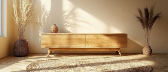 A sunlit room showcasing a wooden entertainment center.
