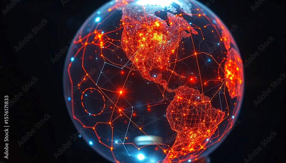 Poster transparent globe with pulsed quantum data routes, deep indigo and signal orange light trails