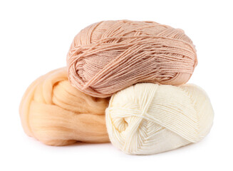Felting wool and knitting yarn isolated on white