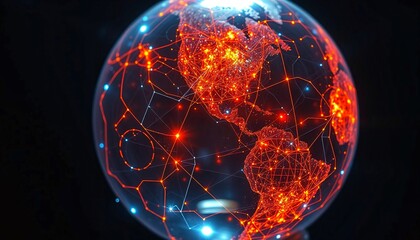 Transparent globe with pulsed quantum data routes, deep indigo and signal orange light trails