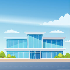 Modern supermarket building exterior against blue sky. Inviting facade