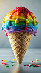 Photogenic rainbow ice cream cone with perfect pastel swirls, menu ready dessert, menu worthy styling for food brands and influencers