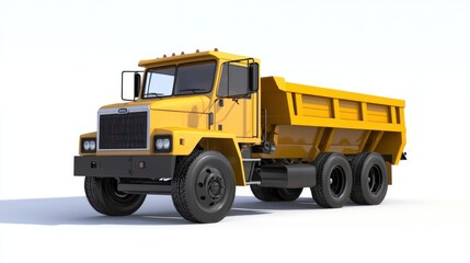 A yellow dump truck with a yellow trailer parked on a white surface.