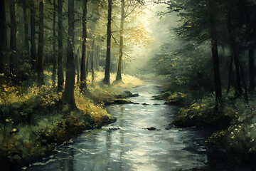 Obraz premium a painting of a stream in a forest