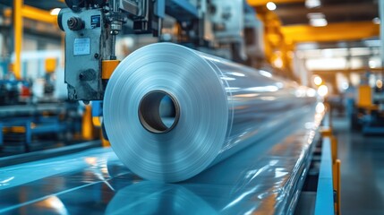 Transparent plastic roll moving on an industrial production line.