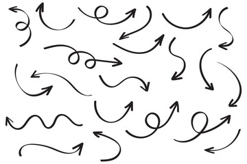 Arrows hand drawn doodle icons set. Curved cartoon arrows sketches collection. Flat and thin pointers illustrations. Scribble swirl arrow signs.
