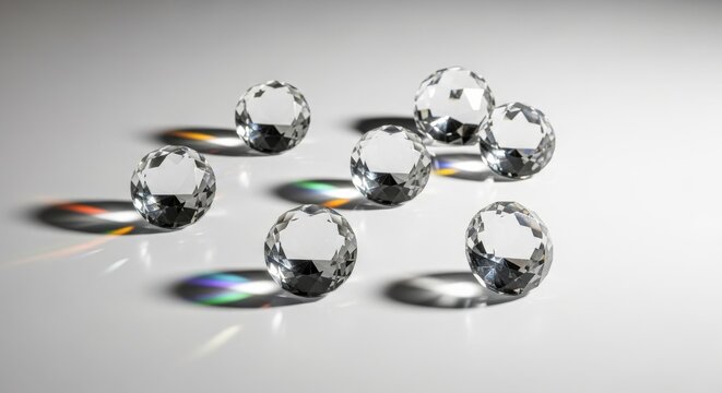 Sparkling crystal balls casting colorful shadows on white