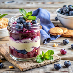 Creamy blueberry cheesecake ice cream in glass jar with berry swirls and graham crumbs, indulgent dessert perfection, indulgent treat ideal for cafes and gourmet food marketing