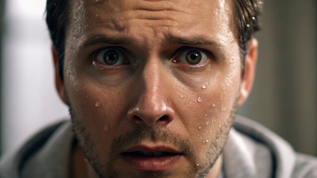 Intense expression on a man’s face, showing fear or anxiety, with beads of sweat visible, suggesting a dramatic or stressful situation.