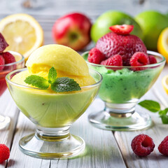 Organic carbon neutral sorbets in sustainable glass bowls with local berries, eco conscious indulgence, eco conscious frozen treat perfect for green lifestyle branding