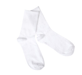 Pair of comfortable socks isolated on white, top view