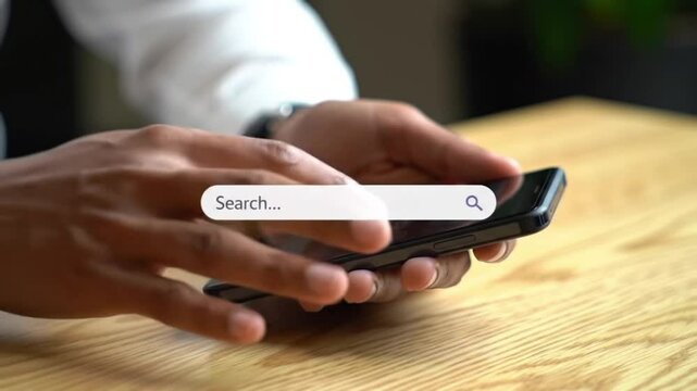 Mobile Search App Use Man Interacting with Smartphone Interface on Wooden Table