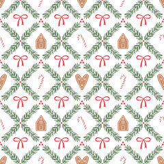Seamless Christmas pattern with gingerbread house, heart cookie, candy cane, fir branches and red bows