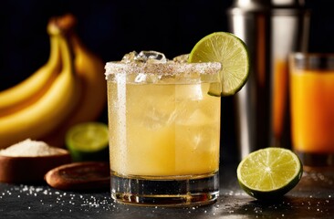 Close up shot of a margarita with a lime garnish and bananas in the background on a dark surface