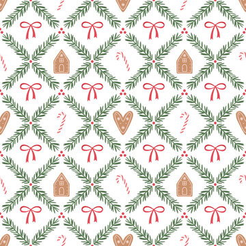 Seamless Christmas pattern with gingerbread house, heart cookie, candy cane, fir branches and red bows