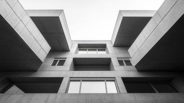 Concrete Building Facade with Windows and Overhangs