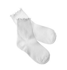Pair of comfortable socks isolated on white, top view