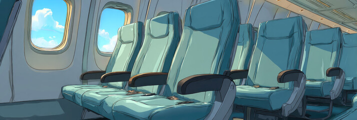 Sleek Airplane Interior: Modern Blue Leather Seats with Black Armrests. Empty Aircraft Cabin with Clear Sky Views. Perfect for Travel Industry Designs, Aviation Concepts, and Business Presentations. I