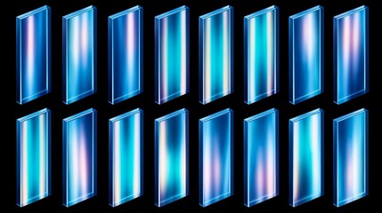 Fototapeta premium A dynamic 3D composition featuring multiple thin, semi-transparent rectangular glass panels arranged in a straight linear formation. This modern abstract background is perfect for futuristic designs