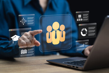 Know your customer KYC concept, Businesswoman use technology Finding target audience of a business, Data analysis for decision making, Human resource management, social media. digital marketing online