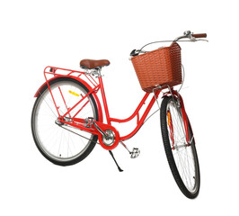 One bicycle with basket on white background