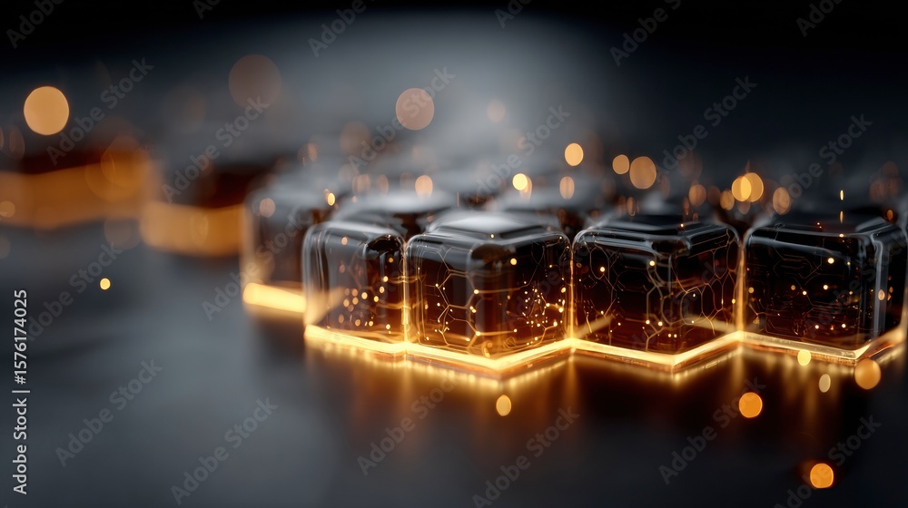 Poster illuminated cubes: a modern abstract depiction of interconnected geometric cubes glows with inner li