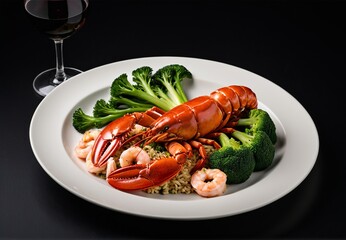 Sustainable seafood platter: Lobster, prawns, broccoli with wine and wheatgrass on black background, soft lighting