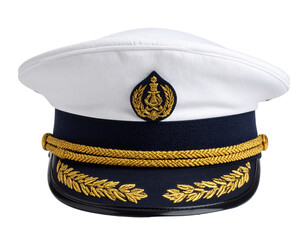 A white and navy blue naval officer's hat with gold embroidered insignia and decorative elements on the brim and front badge.