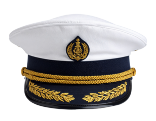A white and navy blue naval officer's hat with gold embroidered insignia and decorative elements on the brim and front badge.